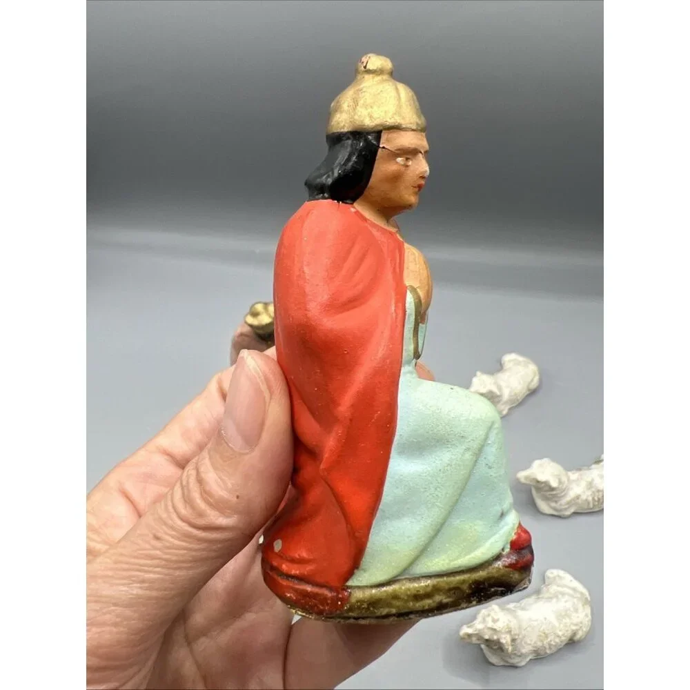 Vtg German Papier-Mâché Nativity 7 Pieces Christmas Lambs Magi Mary Old w/ Wear